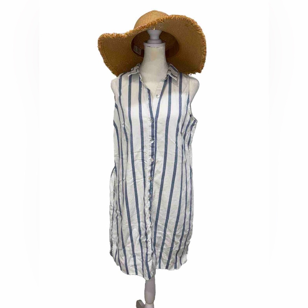Prelude Sleeveless White Denim-Blue Striped Button Collared Shirt Dress- Size L